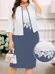 Reflora Plus Size Elegant Lace Contrast Color 2 Pieces Set For Women - Dusty Blue - View 3