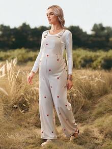 SHEIN 孕妇心形图案无袖休闲宽松直筒连体裤 - 杏色 - 查看 5