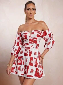 L'Amorae فستان قصير للنساء بتصميم رقبة على شكل حرف V وتفاصيل كشكشة، مناسب للعطلات والارتداء اليومي - متعدد الألوان - مشاهدة 1