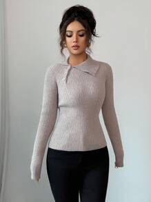 Elenzga Women's Oblique Button Collar Pullover Sweater Fall Winter Cloth For Women - Champagne - View 8