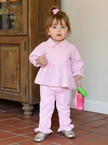 SHEIN Baby Girls' Casual Cute Collared Long Sleeve Top And Elastic Waist Pants Set, Autumn - Pink - View 8