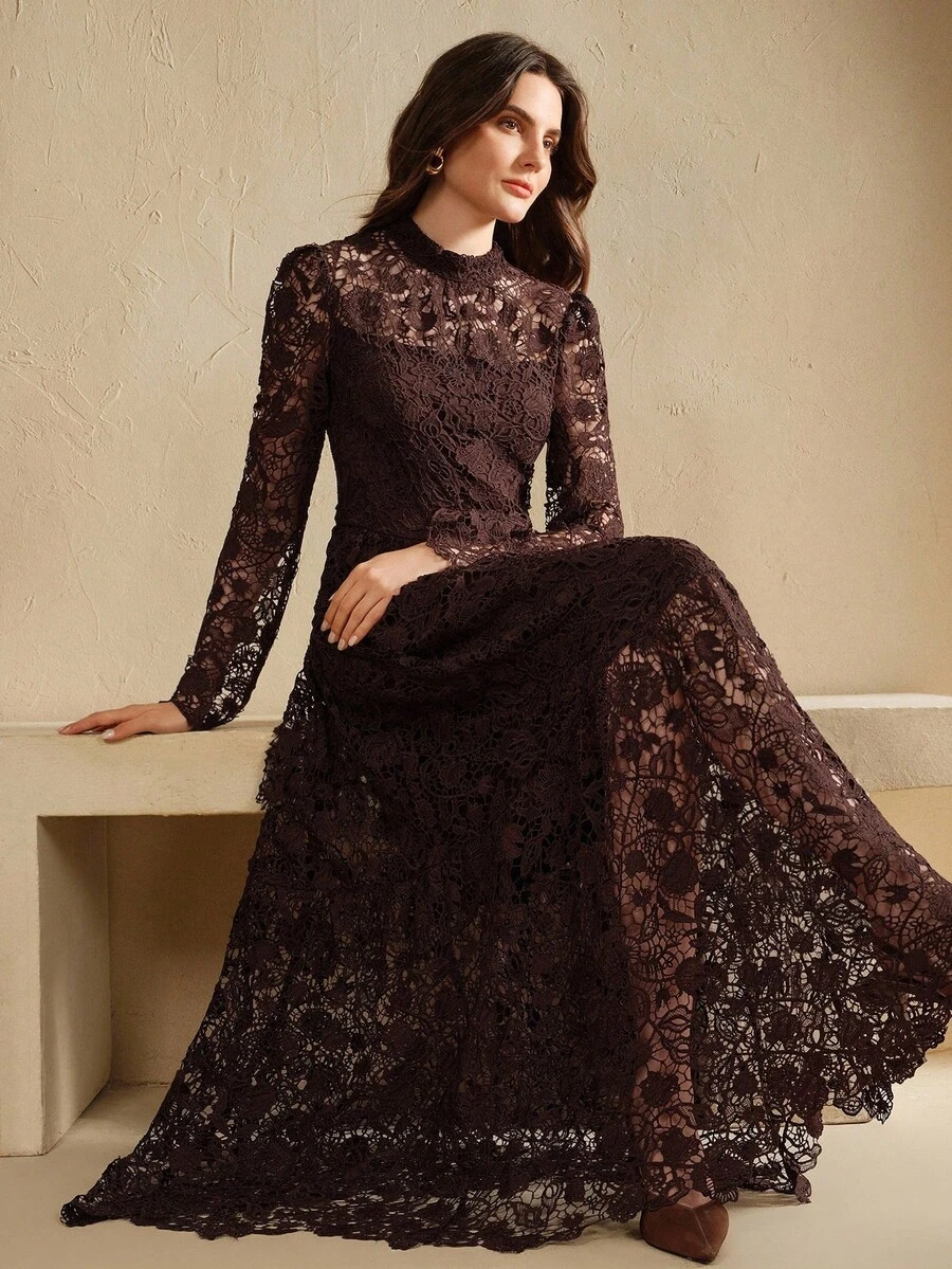 Anewsta 女士秋季立领长袖蕾丝优雅连衣裙，适合派对、婚礼 - 咖啡棕 - 查看 1