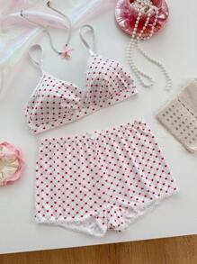 PetitDoll 2 piezas Conjunto de lencería con estampado de corazón para mujer - Rojo y blanco - Ver 1