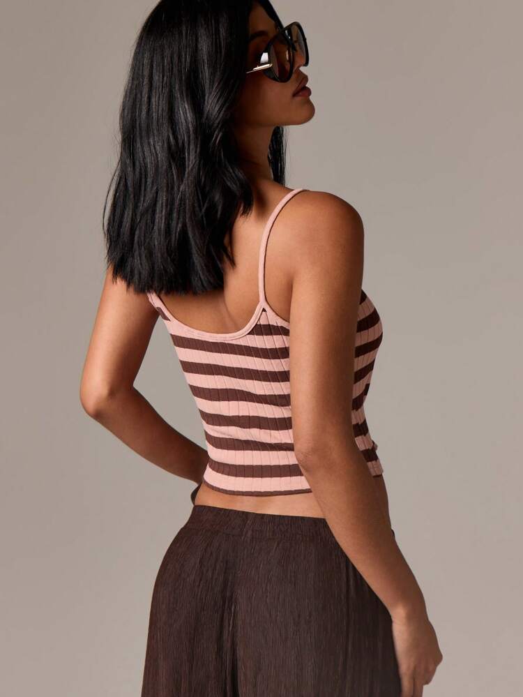 Ribbed Knit Striped Crop Cami With Scoop Neck
