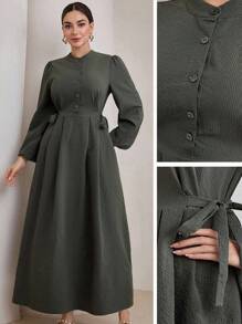 Modelyn Textured Solid Color Casual Plus Size Arabic Style Long Sleeve Dress Fall Cloth For Women - Army Green - View 4