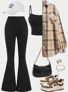 Girlism 少女三件套：卡其色格子长袖衬衫、黑色吊带短款上衣、喇叭裤、休闲运动校园装 - 卡其色 - 查看 10