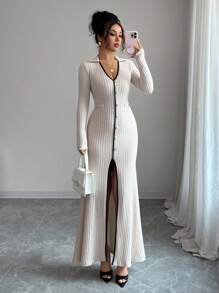 Elenzga Vestido maxi de manga larga con cuello en V acanalado, con botones de metal color rosa, ajustado y elegante con dobladillo de cola de pez, para mujer, nuevo para otoño/invierno, cómodo y suave