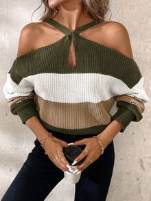 SHEIN Clasi Women's Loose Fit Contrast Stripe Long Sleeve Cowl Neck Sweater Autumn Winter Clothes For Women