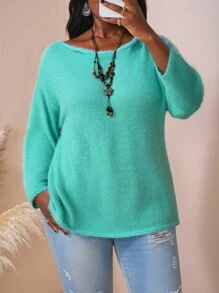 SHEIN CURVE+ 大码纯色斜肩针织休闲宽松大码套头衫女秋装，冬季，CURVE PLUS/秋冬 - 綠色 - 查看 5