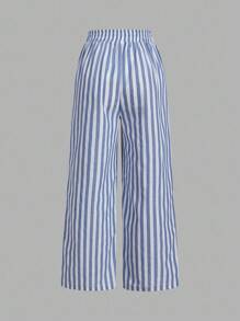 SHEIN Essnce 3 件套黑白条纹航海风格女式休闲腰带裤，带口袋，直筒裤，适合夏季度假