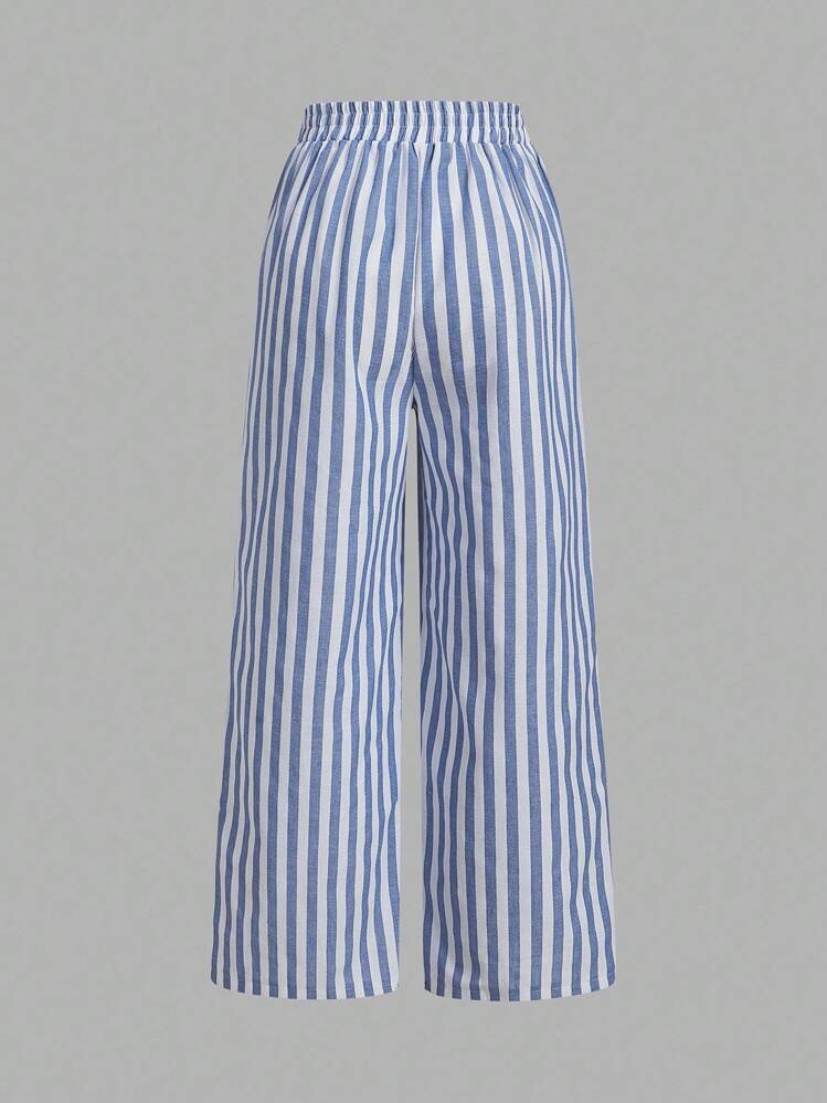 SHEIN Essnce 3pcs Set Black & White Striped Nautical Style Women Casual Waist Tie Pants With Pockets, Straight Leg, Suitable For Summer Vacation Fall Clothes Winter Clothes - Multicolor - View 5