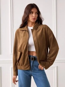 SHEIN Tall 秋冬休闲时尚百搭拉链长袖女士夹克棕色夹克绒面革夹克 - 棕色 - 查看 2