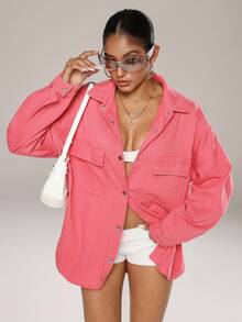 Jeanoix Women's Fashionable Y2K Button Down Drop Shoulder Long Sleeve Denim Jacket - Pink - View 5