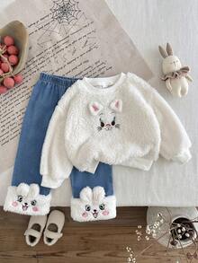 SHEIN Kleinkind Mädchen Plüsch Rundhals Langarm T-Shirt und Hose Set