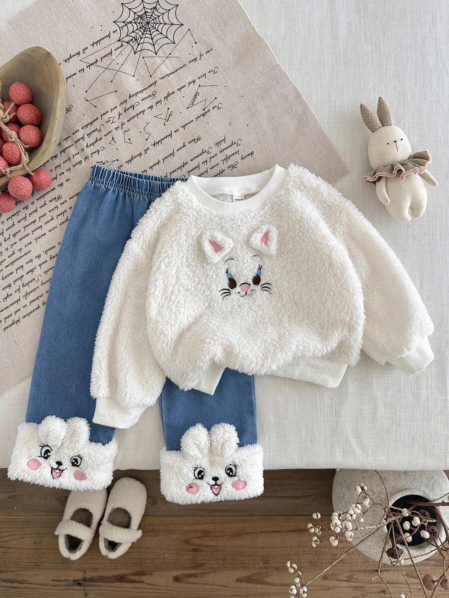 SHEIN Kleinkind Mädchen Plüsch Rundhals Langarm T-Shirt und Hose Set