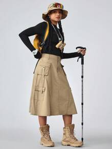 Flexra Women's Casual Outdoor Denim Cargo Skirt Outdoor  For Hiking Sun Protection Lightweight Quick Dry Hiking Outfits For Women Skirts With Pockets Cargo Skirts