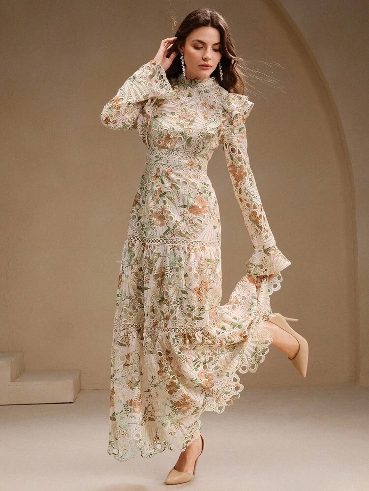 Women's Elegant Date Night French Romantic Long Sleeve Ruffle Waist Hollow Lace Floral Print Maxi Dress, Valentine's Day Romantic Floral