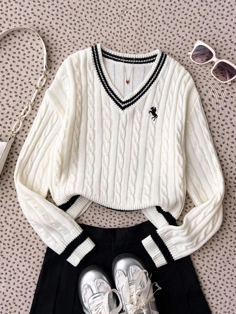 SHEIN 青少年女孩简约纯色V领长袖毛衣，休闲日常穿着，秋冬长袖上衣，学院风V领长袖毛衣，刺绣毛衣 - 黑與白 - 查看 3