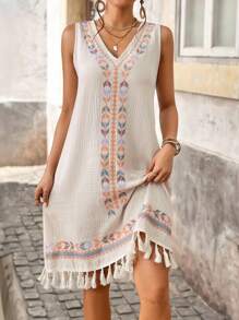 Brillora Vestido con estampado geométrico estilo boho y flecos en el bajo para el verano - Albaricoque - Ver 5