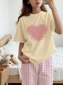 Teen Girls' Casual Loose Minimalist Heart Print Crew Neck Short Sleeve Pajama Set, Suitable For Spring/Summer - Multicolor - View 3