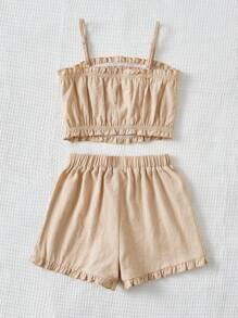 SHEIN Tween Girls 2Pcs Set Woven Solid Color Ruffle Trim Adjustable Strap Crop Top And Ruffle Hem Shorts