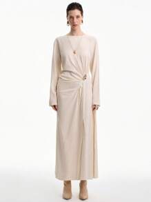 Aalyst Women's Elegant Minimalist High-End Casual Vacation Commute Comfortable Solid Color Linen Round Neck Front Pleated Metal Decor Elastic Waist Long Sleeve Maxi Dress, Spring/Autumn/Winter Fall Cloth For Women