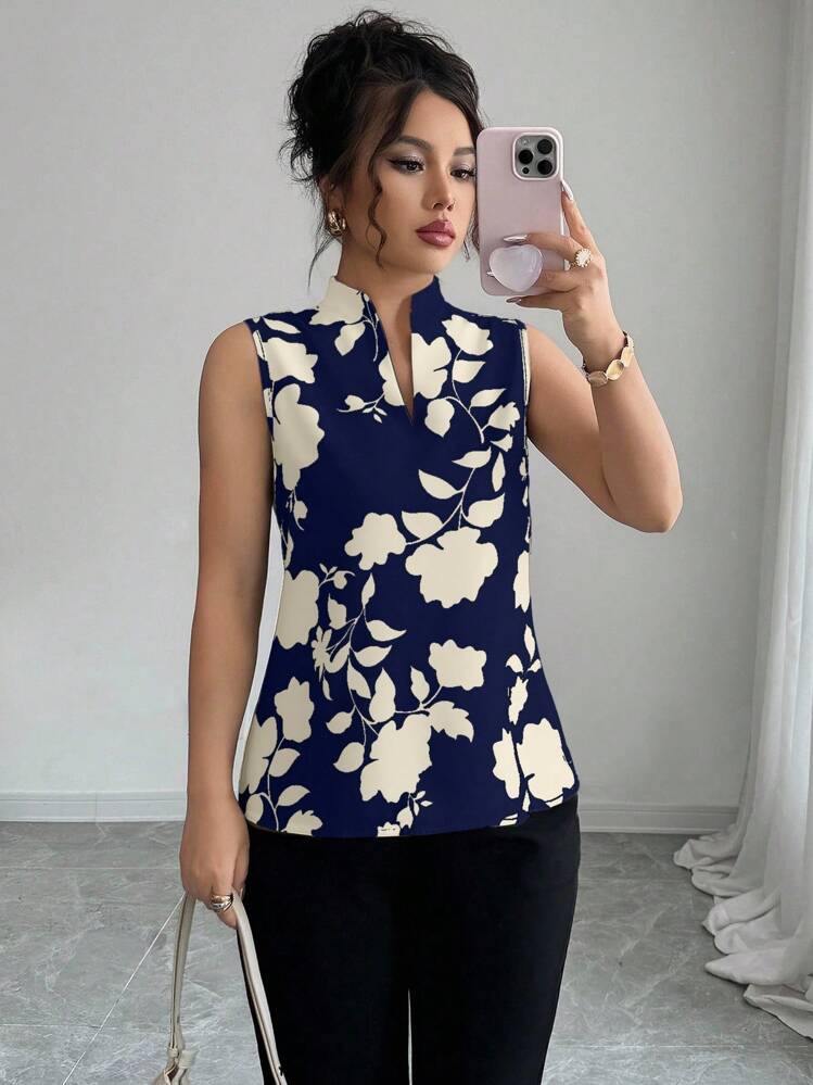 Elenzga V-Neck Silhouette Print Half-Placket Sleeveless Shirt - Multicolor - View 4