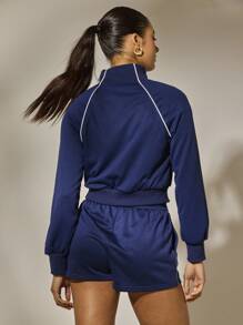 Aralina Leisurewear Fall Winter Y2K Stockholm Style Streetwear Zip Through Pipping Sweatshirt Gym Top Airport And Activewear - Blue - View 2