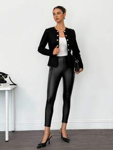 SHEIN Tall Lady Suede Black Button Detail Open Front Jacket Professional Clothes Women In Fall/Winter - Black - View 10