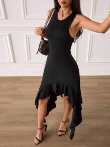 SHEIN PETITE Women's Casual Date Night Black Knitted Sleeveless Long Dress With Asymmetrical Ruffle Hem And Round Neck, Going Out - Black - View 3