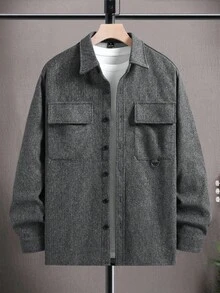 Manfinity Homme 男士成熟休闲纯色羊毛夹克男士夹克灰色纽扣男士男士纽扣衬衫男士衬衫夹克男士羊毛衬衫夹克 - 灰色 - 查看 3