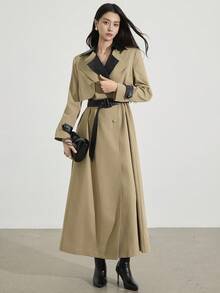 Modelyn 秋冬女士时尚休闲撞色立领腰带风衣 - 卡其色 - 查看 4