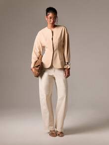 AiiRZ Damen Blazer ohne Kragen für den Büroalltag, professionelle Geschäftsjacke mit stilvollem gerafftem Ärmeldetail, moderne minimalistische Abendparty Formelle Oberbekleidung