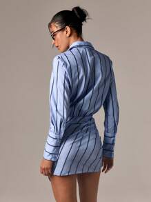 AiiRZ Robe mini en popeline de coton, jupe drapée asymétrique, manches longues boutonnées. Tenue de travail de bureau professionnelle, col, collection printemps automne