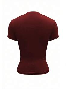 SHEIN EZwear 女士勃艮第红色字母纽扣半襟短袖休闲短款 T 恤