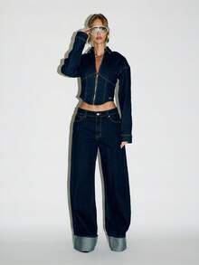 KIZN 高腰阔腿卷边牛仔裤复古 Y2K 时尚潮流牛仔裤秋冬街头风双袖口毛边 - 深色水洗藍 - 查看 3