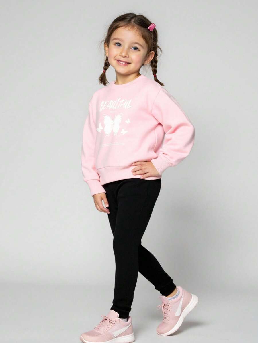 JNSQ 2 Stücke Outfit für Kleine Mädchen, locker sitzender Rundhals-Pullover mit Schmetterlings- und Buchstaben-Muster Langarm, kombiniert mit schlanker Yoga-Hose, geeignet für Herbst, Winter Alltagstragen, Outdoor-Aktivitäten, Urlaub, Streetwear, Party und Lässig - Verschiedenfarbig - Übersicht 1