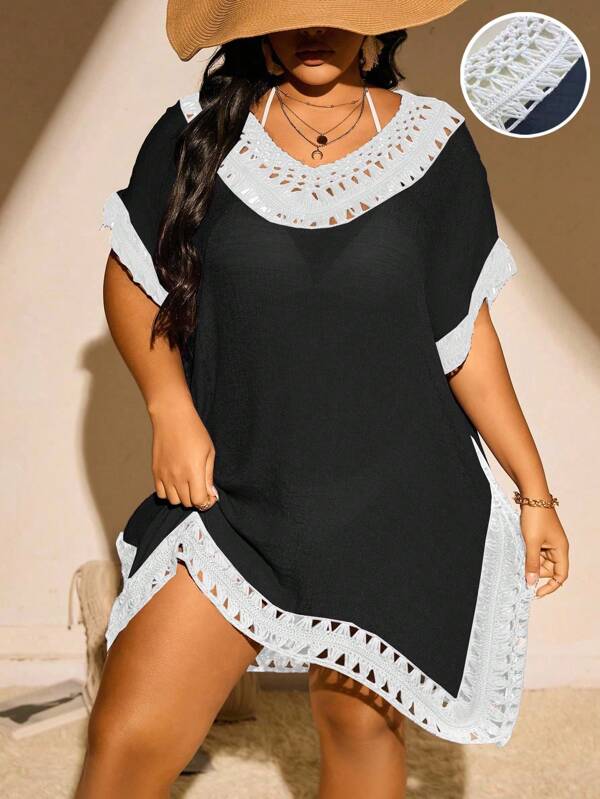 Swim Lushoire Plus Size Summer Vacation Beach Batwing Sleeve Cover Up