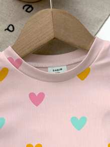 SHEIN Happikins Baby Girl Casual Cute Colorful Heart Print Snug Fit Round Neck Comfortable Short Sleeve Pants Pajamas, Ballet Pink - Multicolor - View 6