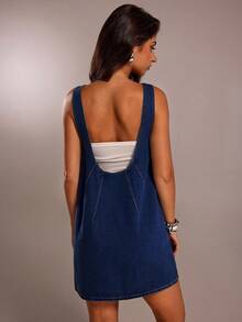 SHEIN Forever 21 春季通勤简约复古直筒牛仔连衣裙 - 深色水洗藍 - 查看 2