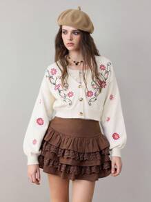 ROMWE Avant Cárdigan de mujer vintage estilo Mori Kei Cottagecore con bordado floral y de plantas, versátil para vacaciones