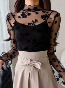 FRIFUL Women'S Floral Mesh Lettuce Trim Top Sheer Long Sleeve Women Tops - Black - View 4