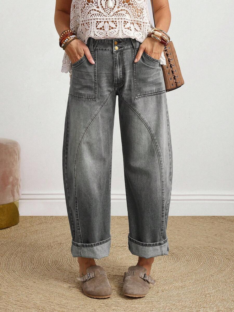 SHEIN PETITE Denim Casuais Folgados e Afunilados Femininos com Bolsos, Versátil