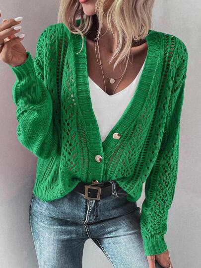 EMERY ROSE Women's Solid Color Hollow Out Dropped Shoulder Long Sleeve Single-Breasted Casual Loose Knit Cardigan Knitted Sweater Casual Outfits Spring Fall Winter Cloth For Women Green Sweater Green Cardigan Green Knit Cardigan Green Open Knit Cardigan Green Crochet Cardigan