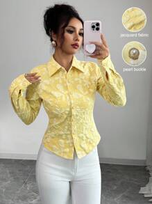 Elenzga Áo sơ mi Jacquard họa tiết trơn màu thời trang thanh lịch dành cho nữ, áo cánh dài tay cổ bẻ cài nút, phù hợp mặc hàng ngày và hẹn hò - Màu vàng - Xem 6
