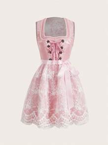 SHEIN Frenchy 慕尼黑啤酒节 Dirndl 女式荷叶边甜心领结刺绣网眼下摆无袖优雅迷你连衣裙，非常适合下午茶、音乐会、早午餐和慕尼黑啤酒节 - 粉色 - 查看 5