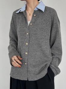 FRIFUL Women's Fashion Casual Striped Patchwork Lapel Button Long Sleeve T-Shirt Ribbed Shirt Grey Shirt Long Sleeve Button Up Grey Blouse Collared Shirt,Fall Women Clothes Thin Cardigan