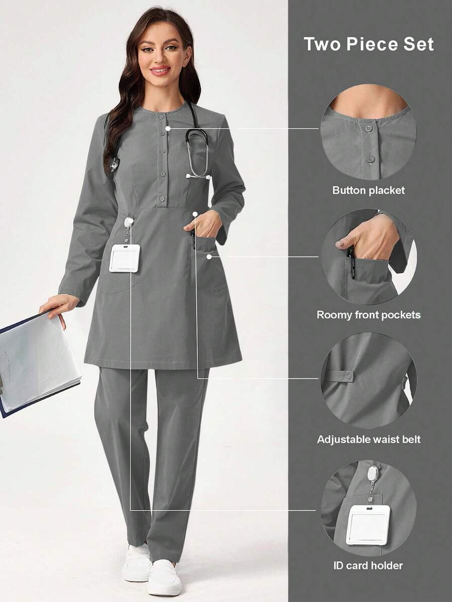 TaskEZ Scrub Uniform Set, Long Sleeve Top And Pants, Solid Color - Grey - View 1