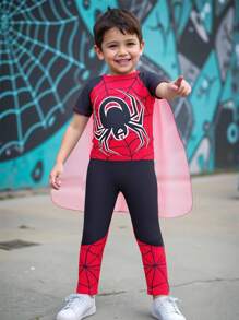 SHEIN 2pcs/Set Young Boy Spider Cosplay, Including Short Sleeve Jumpsuit And Cape, Suitable For Cosplay Performance, Events And Activities Chic For Autumn/Winter Fall