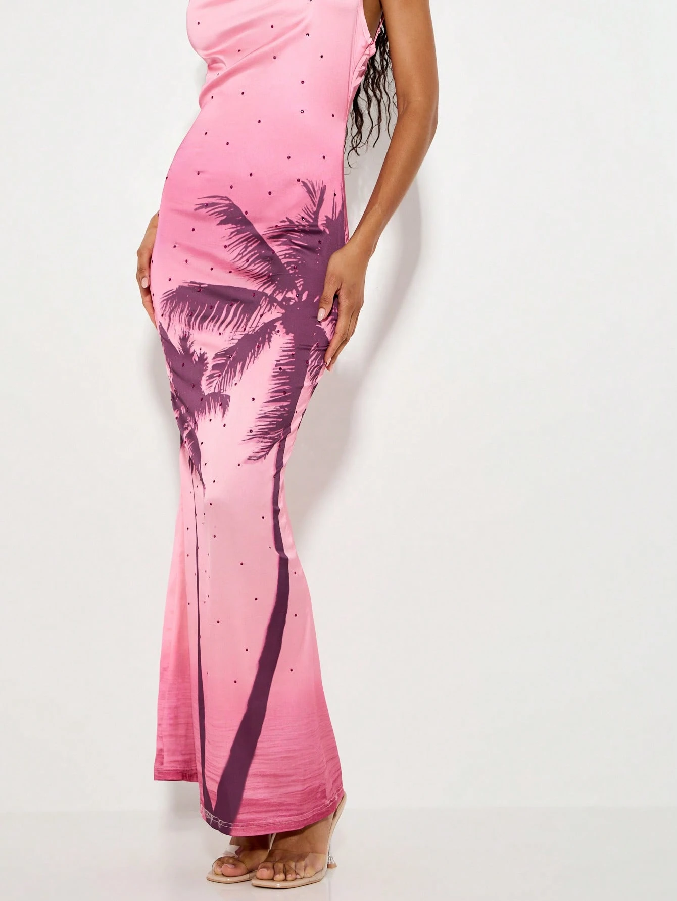 KIZN Satin Palm Tree Print Bodycon Maxi Dress With Spaghetti Straps